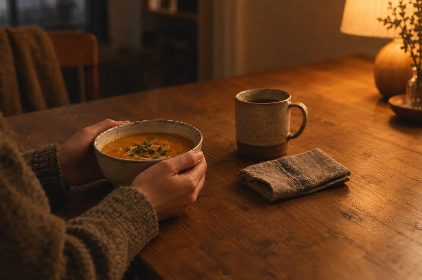 Two hands around a bowl of soup on a wooden table in warm evening lamplight